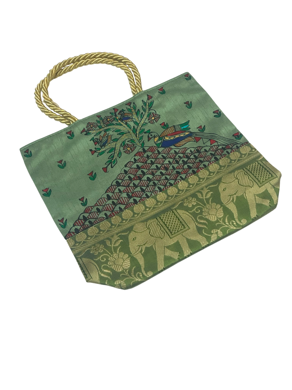 Handpainted Madhubani Bag – Green with Brocade Border, Tree of Life